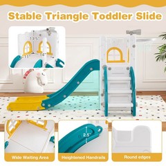 6 in 1 L-shaped Toddle Slide for Toddlers Age 1-3 Baby Slide w/ Basketball Hoop