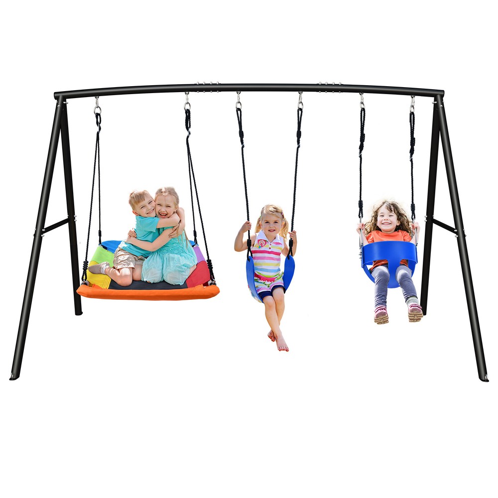 440lb 3 Seats Metal Swing Set Heavy Duty Swing Stand Backyard Kids Adult Playset