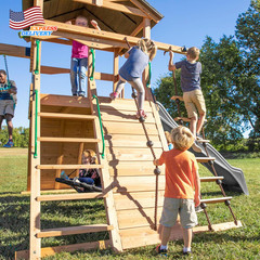 Cedar Wood Swing Set with Wave Slide Play Deck Double Rock Wall Rope Ladder NEW