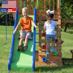 Backyard Discovery Beach Front Cedar Wood Swing Set with Wave Slide Play Deck