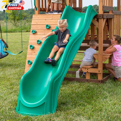 Highlander Cedar Wood Swing Set with Wave Slide Three Story Clubhouse Rock Wall