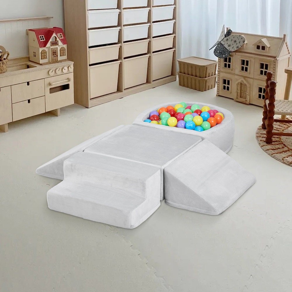 Foam Climbing Playset 5-Pc for Toddlers, Velvet Cover & Ball Pit