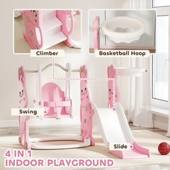 Qaba 4 in 1 Toddler Slide and Swing Set w/ Climber, Basketball Hoop, Pink