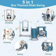 Toddler Slide and Swing Set, 5 in 1 Bus Themed Baby Slide with Climber Basketbal