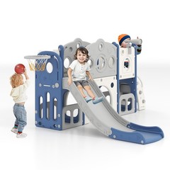 All in 1 Toddler Slide with Basketball & Telescope, Indoor Playset for Age 1-3
