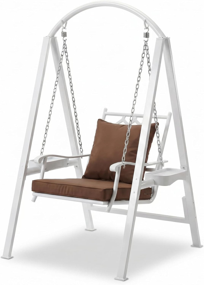 Heavy-Duty Porch Swing with Stand, Adjustable Chains, Removable Cushion, White