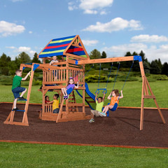 Cedar Wood Beach Front Swing Set with Slide, Monkey Bars & Picnic Area