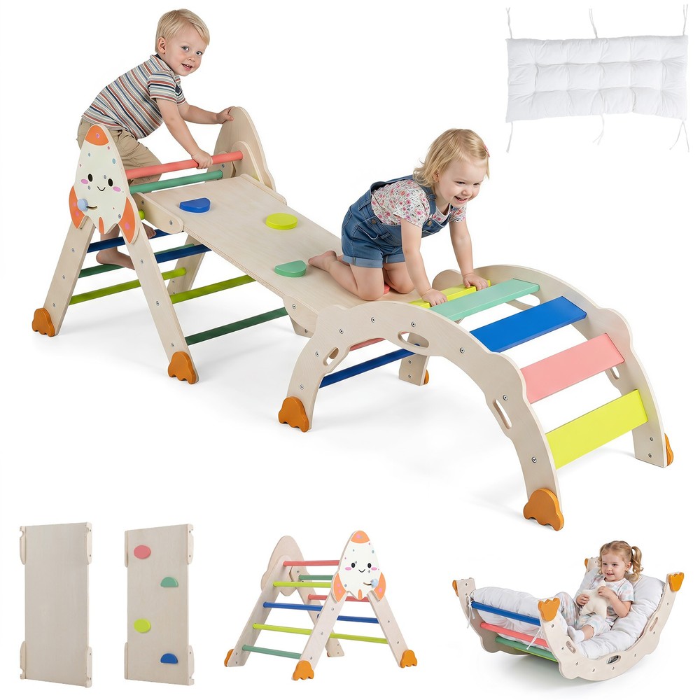 Climbing Toy Set w/ Arch, Foldable Ladder & Wooden Indoor Playground Jungle Gym
