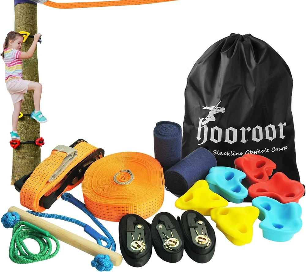 hooroor Slackline Pulley with 52FT Zip Line, Monkey Bar, Tree Climbing Holds