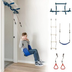 4-Piece Doorway Gym Indoor Playground Blue Indoor Playset Swing Ladder Rings