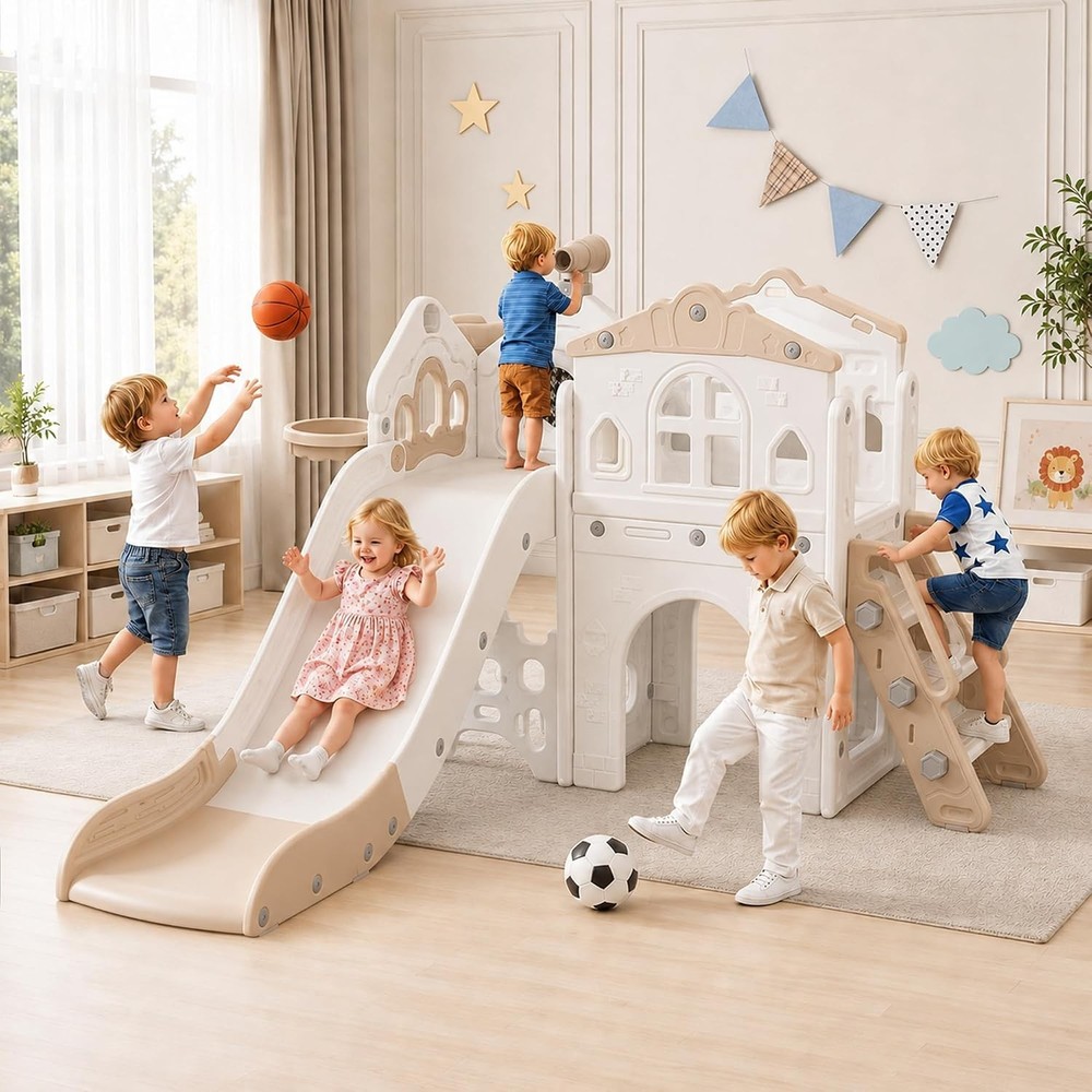 8 in 1 Toddler Slide Indoor Playground Kids Slide Set Basketball Hoop Climber