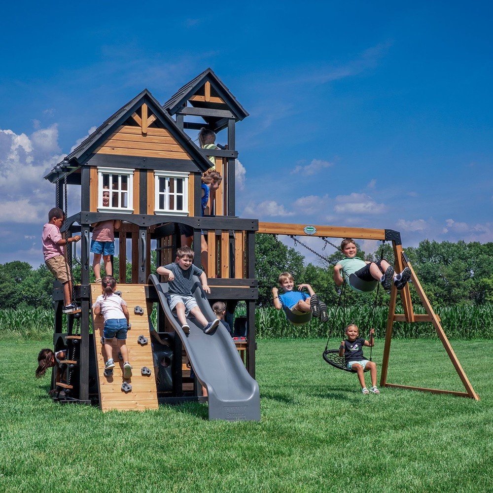 Backyard Discovery Mystic Tower Cedar Swing Set heavy-duty belt swings web swing