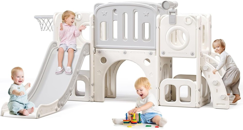 8 in 1 Toddler Slide Kids Climber Slide with Storage Space Outdoor Playset Grey