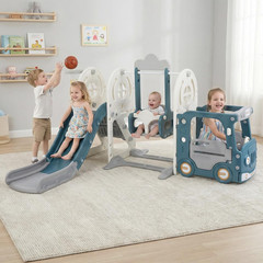 Toddler Slide and Swing Set, 5 in 1 Bus Themed Baby Slide with Climber Basketbal