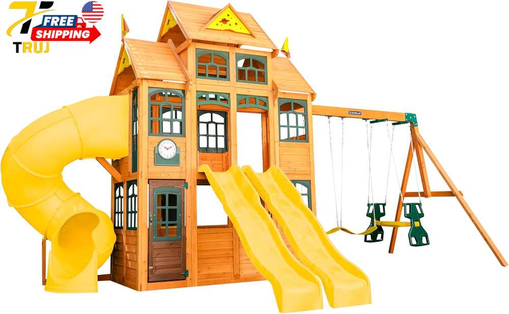 Atlas Point Wooden Outdoor Swing Set/Playset with Kitchen Slides and Glider NEW
