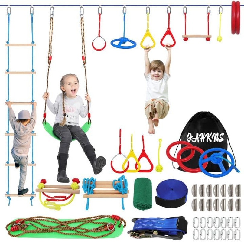 Ninja Warrior Obstacle Course for Kids, 65 FT Durable Slackline with 13 Obstacle