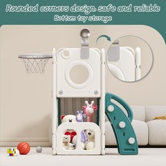 6 in 1 Toddler Playset with Hoop Ball Kids Playground Slide Outdoor Green