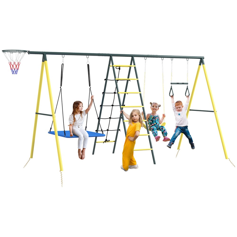 Metal Swing Set for Backyard 5 in 1 Design for Ages 3-8, Yellow