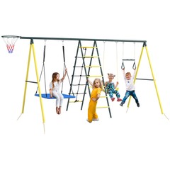 Metal Swing Set for Backyard 5 in 1 Design for Ages 3-8, Yellow