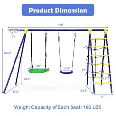 5In1Combo Swing Set Outdoor Kids Swing Set w/A-Shaped Metal Frame & Ground Stake