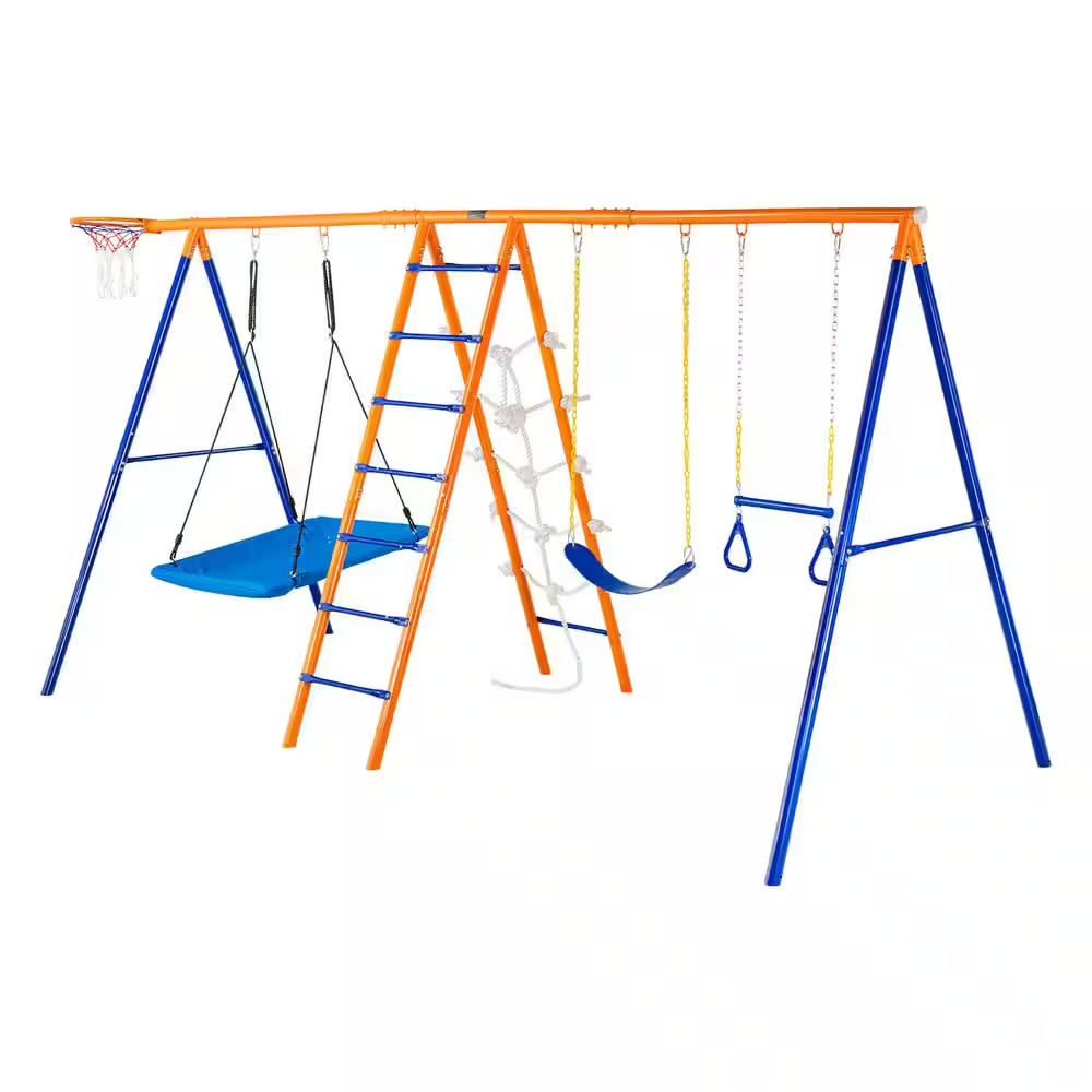 6-In-1 Swing Set for Backyard, Metal Outdoor Swing Set with 440 Lbs. Capacity, 2