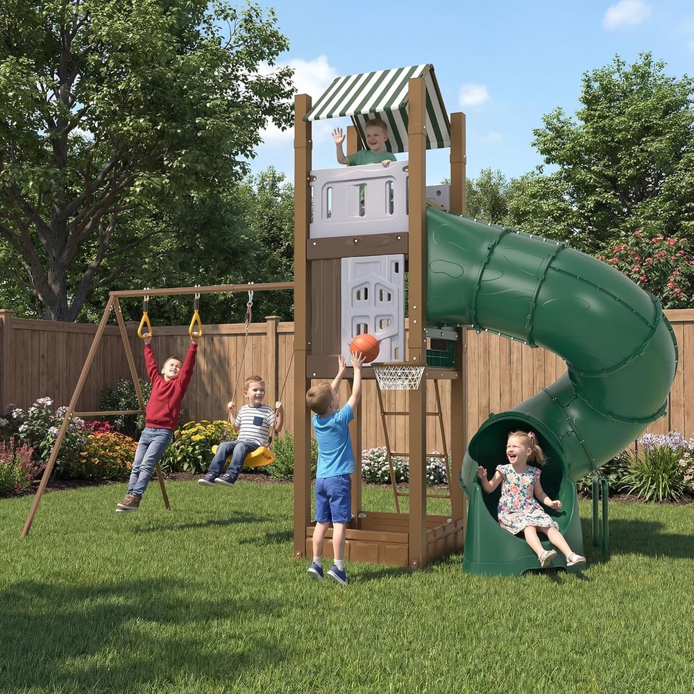 All in 1 Outdoor Backyard Swing Sets Playset for Toddlers, Galvanized Steel & PE