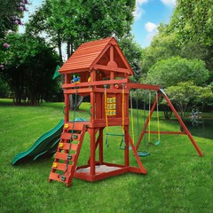 Deluxe Wooden Swing Set, Dual Wave Slides Rock Climbing Wall, Cedar Redwood, DIY