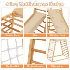 6-in-1 Jungle Gym Montessori Play Set Climbing Stakes Cotton Ropes Rods Natural