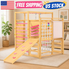9 in 1 Indoor Jungle Gym for Kids 2-8, Wooden Climbing Structure with Slide