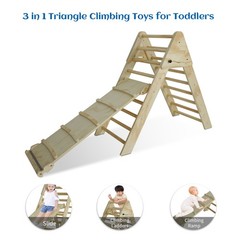 Pikler Triangle Ladder with Ramp and Slide, Wooden Foldable 2-in-1 Climber