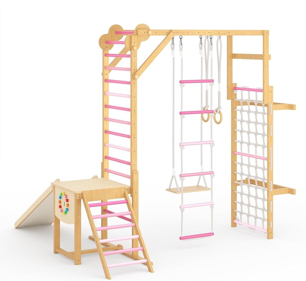 8 in 1 Indoor Jungle Gym Set Wooden Kids Playroom Activity Climbing Structure
