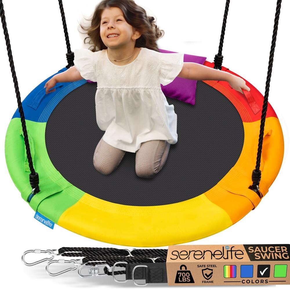 SereneLife 40″ Saucer Swing w/ Hang Kit, Handles & Pillow Indoor/Outdoor-Rainbow