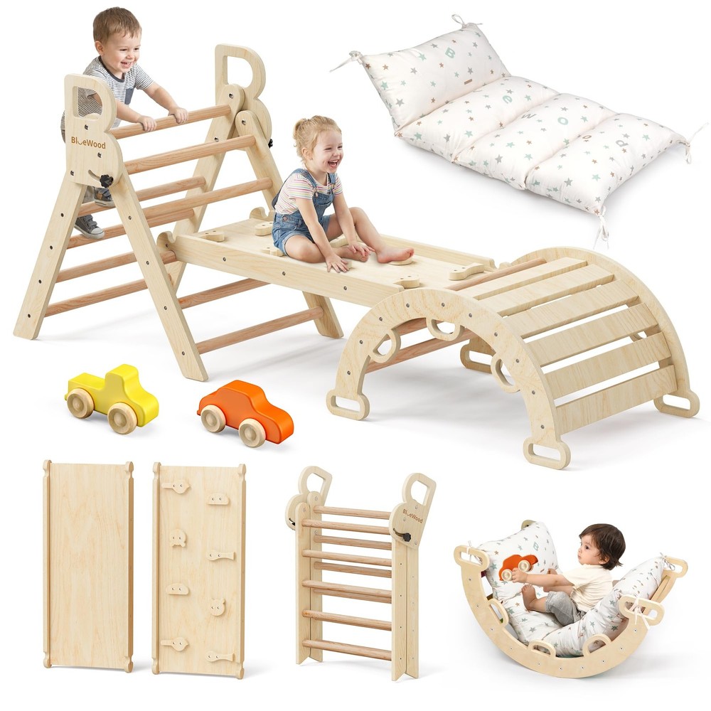 BlueWood Pikler Triangle Set with Cushion – Climbing Toys for Toddlers 9-in-1…