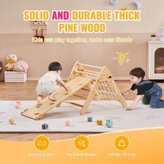 3-in-1 Wooden Climbing Triangle for Toddlers with Ramp, Natural Wood Finish