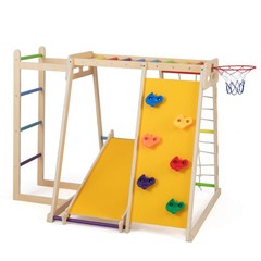 6-in-1 Jungle Gym w/Slide Rock Climbing Basketball Hoop Monkey Bar Rope Net