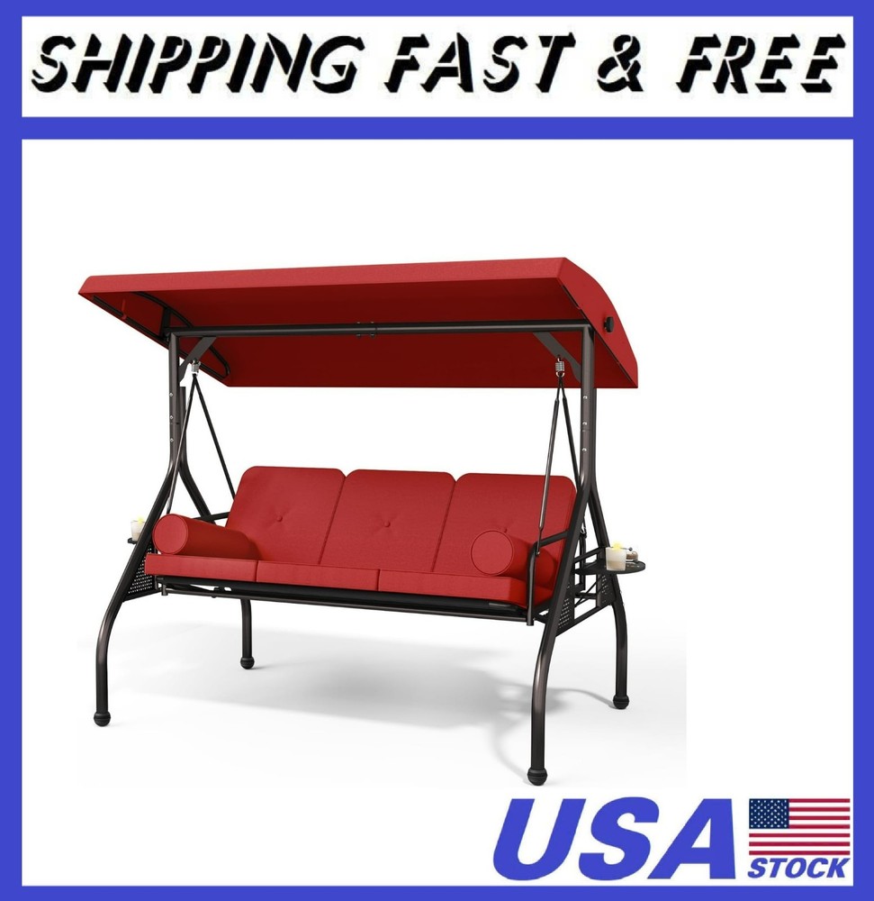 3 Seat Outdoor Porch Swing Chair, Adjustable Canopy Swing Bench, Convertible