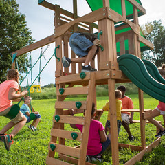 Belmont Cedar Wood Swing Set with Wave Slide, Play Deck, Rock Wall Ladder, Snack