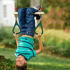 Trapeze Swing Bar with Rings, Wooden Trapeze Swing Bar with Plastic Gym Green