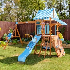 Teamson Kids Laguna Wooden Swing Set with Slide & Rock Wall