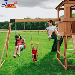 Cedar Wood Swing Set with Wave Slide Raised Wooden Bridge Outdoor Playset NEW