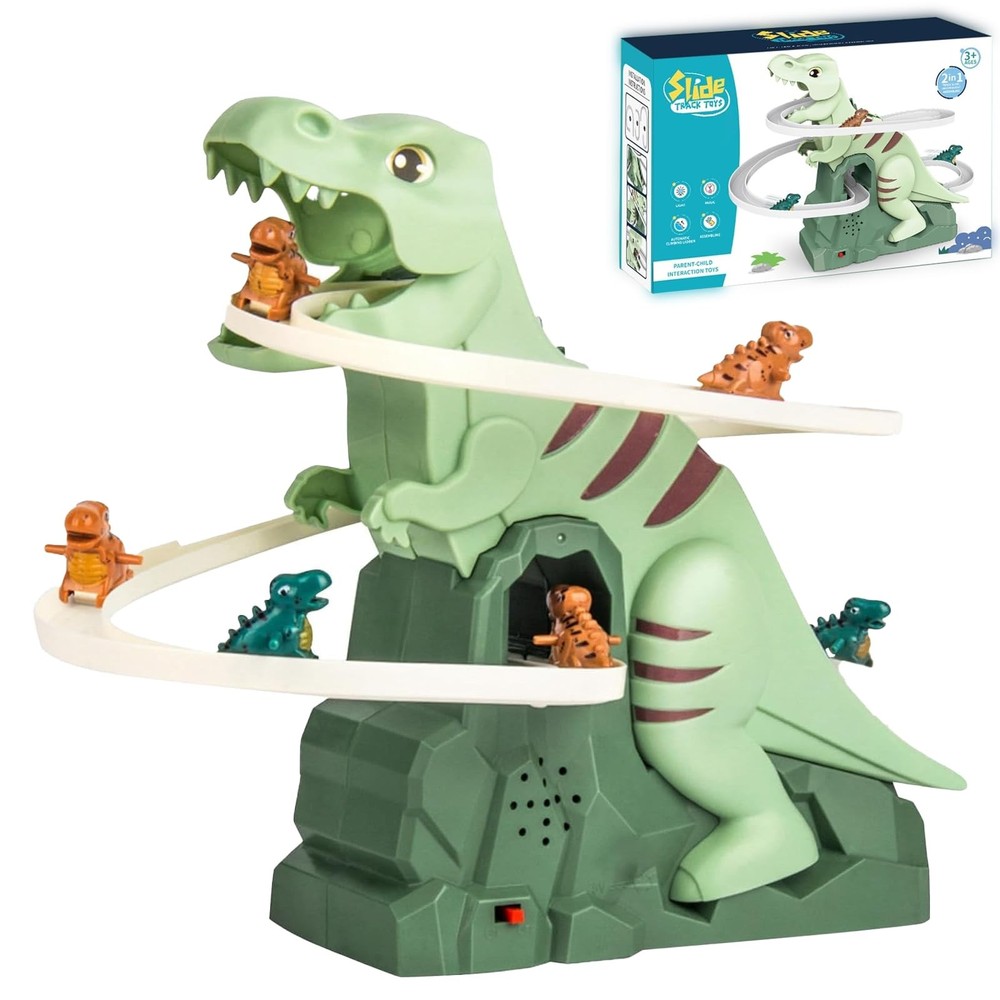 Electric Dinosaur Race Track Toy with Music Lights Climbing Slide Game