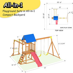 Wooden Swing Sets for Backyard, Kids Outdoor Playground Set with Monkey Bars, Wa