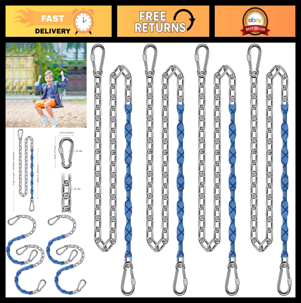 Heavy Duty 4-Pack 65″ Stainless Steel Swing Chains with Grip Sleeves & Quick Con