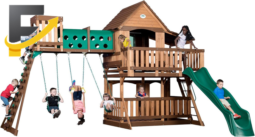 Backyard Discovery Woodridge Elite Cedar Wood Swing Set with Wave Slide Clubhous