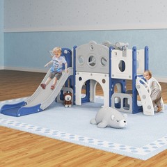 All in 1 Toddler Slide with Basketball & Telescope, Indoor Playset for Age 1-3