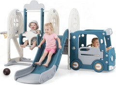 Toddler Slide and Swing Set, 5 in 1 Bus Themed Baby Slide with Climber Basketbal