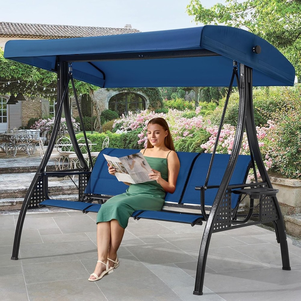 3 Seat Patio Swing Outdoor Swing with Textilene Backrest & 2 Cup Holders with