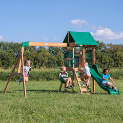 Buckley Hill Cedar Wood Swing Set with Slide, Rock Wall, Swings & Chalkboard