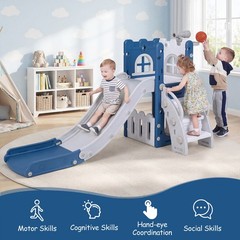 6-in-1 Kids Indoor Slide Playset w/Basketball Hoop, Telescope, Climbing Ladder