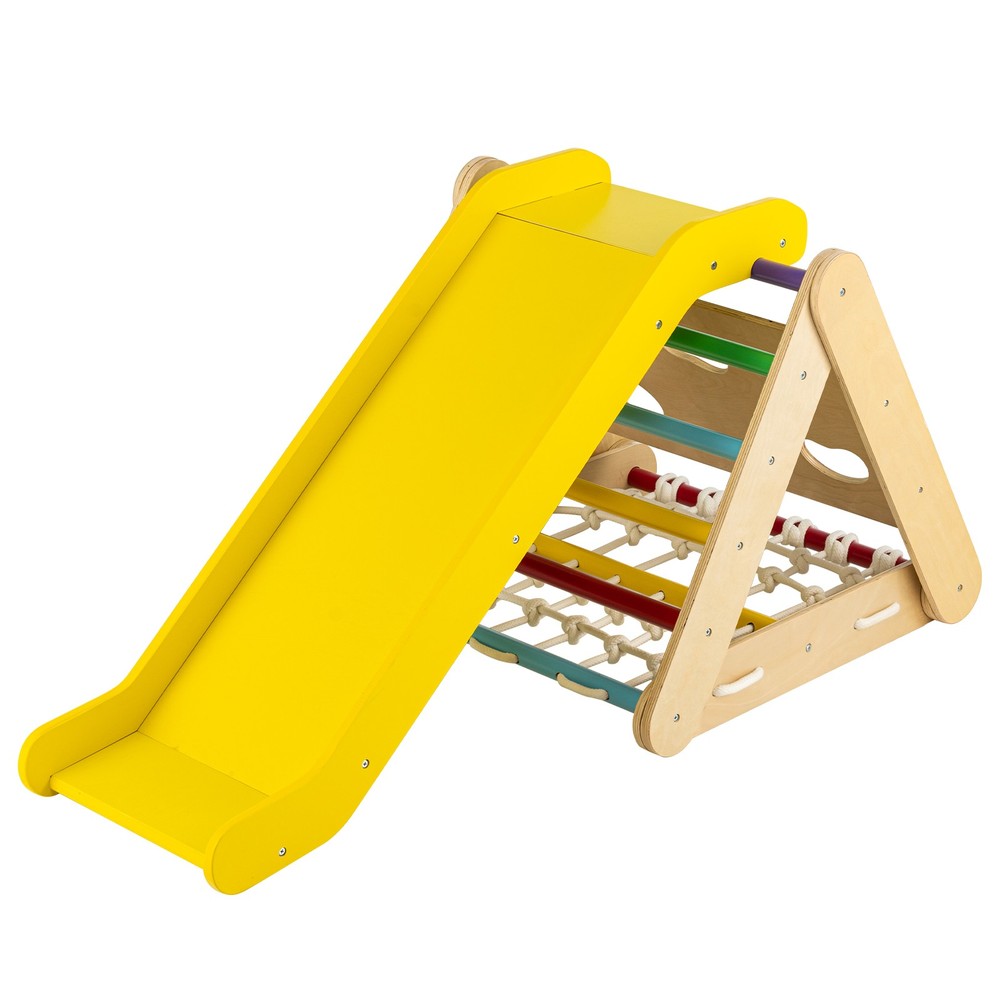 Wooden Climbing Toys Set Triangle Climber w/ Sliding Ramp Multi-color
